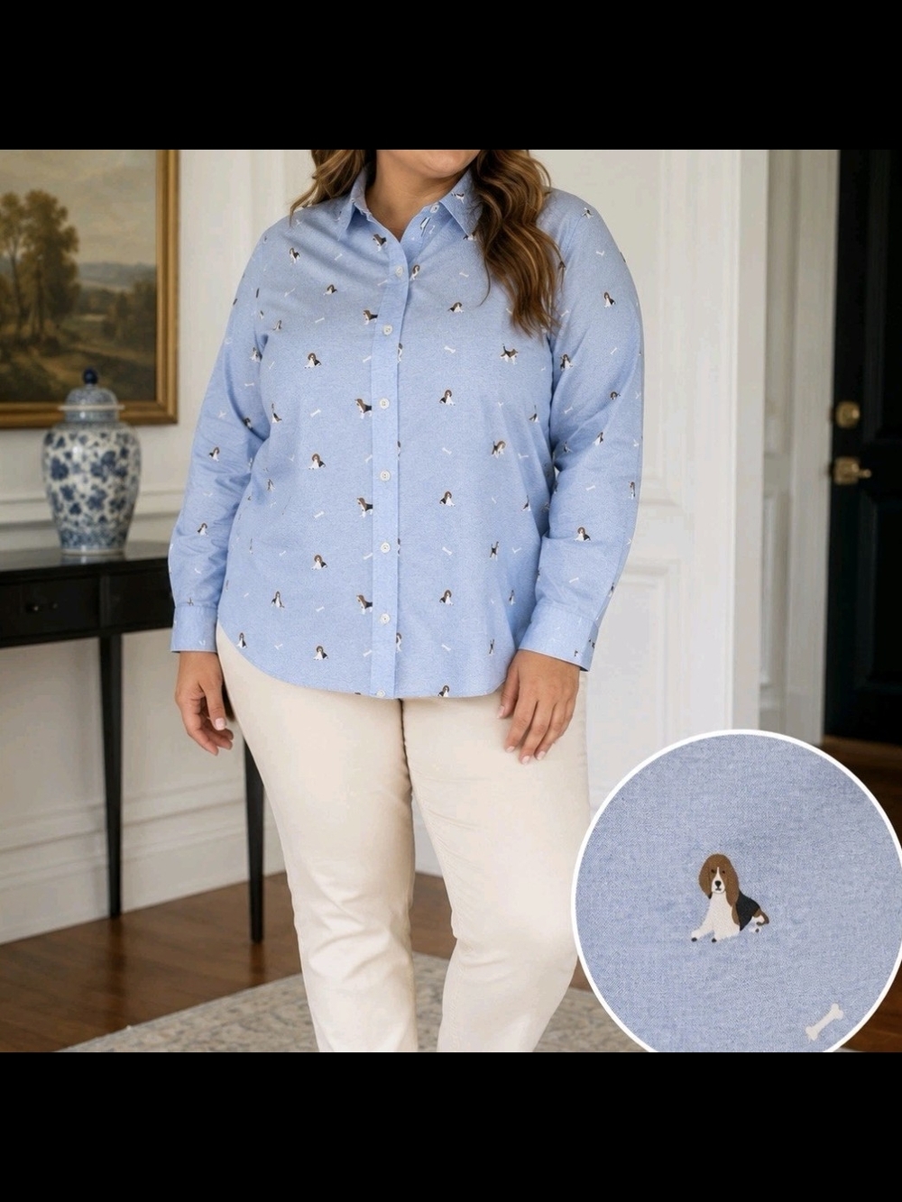 Talbots Plus Button-Up Shirt Blue 100% Cotton Fetching Beagle Size 1X - Picture 6 of 6